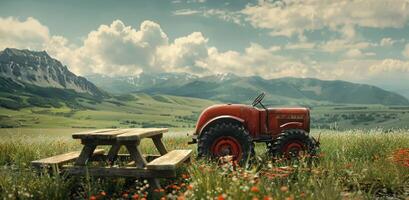 ai généré une tracteur dans le champ et une en bois table photo