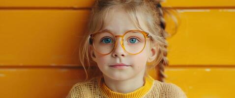 ai généré mignonne peu fille avec marrant des lunettes et une peu livres Jeune fille photo