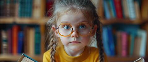 ai généré mignonne peu fille avec marrant des lunettes et une peu livres Jeune fille photo