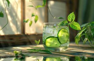 ai généré Frais concombre l'eau et un la glace cube avec menthe feuilles photo