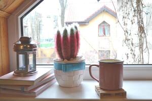 livres, bougie lanterne et une tasse de thé sur le fenêtre seuil. confortable vivant intérieur. photo