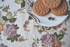 le assiette avec bisquits sur floral nappe de table. photo