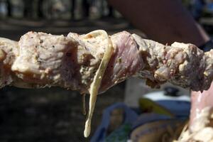 Viande dans épices cuisine sur une Feu Extérieur. barbecue Contexte. photo