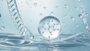 ai généré liquide bulle, une molécule à l'intérieur une liquide bulle contre une Contexte de éclabousser l'eau ADN photo