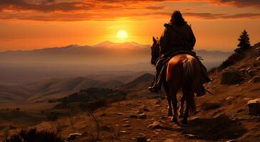 ai généré mongol Gengis khan sur à cheval dans le d'or des rayons de une chaud Soleil photo