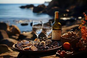 ai généré vue de une magnifique verre de du vin et certains fruit et bouteilles à le bord de mer emplacement photo