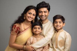 ai généré illustration photo portrait de magnifique Indien famille. Parents avec des gamins sur studio Contexte