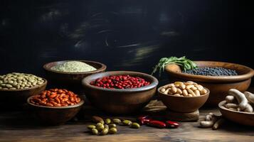 ai généré variété de des haricots et Lentilles dans boules photo