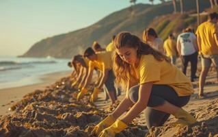 ai généré bénévoles nettoyage en haut plage à le coucher du soleil photo