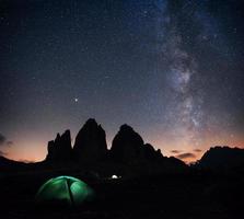 vue magnifique. deux tentes d'éclairage avec des touristes à l'intérieur près du tre cime trois sommets des montagnes la nuit photo