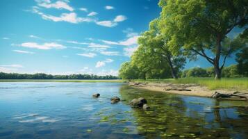 ai généré tranquille Lac entouré par luxuriant des arbres photo