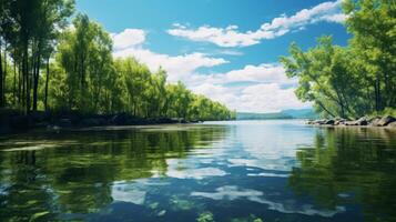 ai généré tranquille Lac entouré par luxuriant des arbres photo