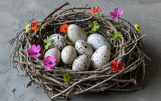 ai généré minable élégant nid avec des œufs avec floral art photo