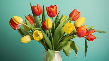 ai généré vibrant tulipes dans vase contre sarcelle Contexte photo