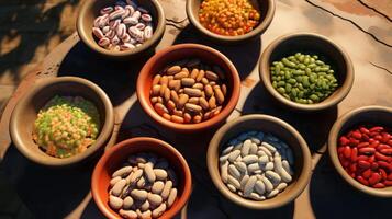 ai généré variété de des haricots et Lentilles dans boules photo