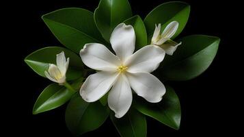 ai généré blanc tiaré fleur avec gouttes de pluie sur pétales photo