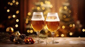 ai généré de fête Bière des lunettes au milieu de Noël décoration photo