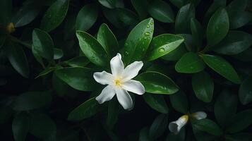 ai généré blanc tiaré fleur avec gouttes de pluie sur pétales photo