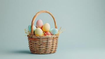 ai généré une faire le ménage, blanc Contexte avec une Célibataire Pâques panier dans le centre, rempli avec des œufs photo