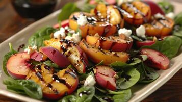 ai généré une coloré salade avec épinard, grillé les pêches, chèvre fromage, et une balsamique glaçage photo