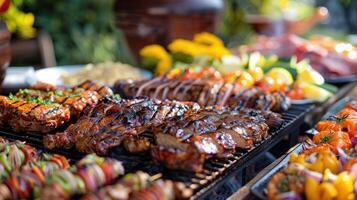 ai généré une coloré barbecue propager avec un assortiment de grillé viandes, légumes, et côté vaisselle photo