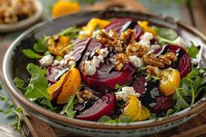 ai généré une coloré salade avec rôti betteraves, chèvre fromage, noix, et une balsamique glaçage photo