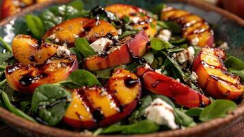 ai généré une coloré salade avec épinard, grillé les pêches, chèvre fromage, et une balsamique glaçage photo