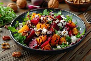 ai généré une coloré salade avec rôti betteraves, chèvre fromage, noix, et une balsamique glaçage photo