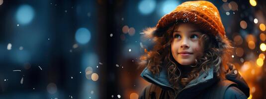 ai généré une fille portant une hiver veste et chapeau est permanent dans de face de une Noël arbre photo