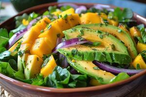 ai généré une rafraîchissant salade avec mixte légumes verts, mangue, avocat, rouge oignon, et une coriandre-lime pansement photo