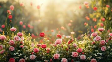 ai généré une pittoresque chalet jardin avec des roses et marguerites photo