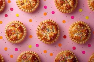 ai généré le coloré et enjoué Pâtisserie tartes alentours une rose Contexte photo