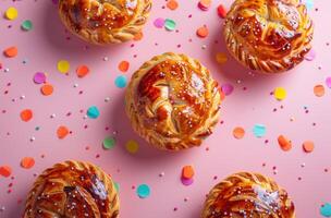 ai généré le coloré et enjoué Pâtisserie tartes alentours une rose Contexte photo