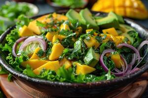 ai généré une rafraîchissant salade avec mixte légumes verts, mangue, avocat, rouge oignon, et une coriandre-lime pansement photo