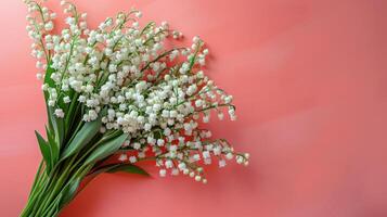 ai généré une magnifique bouquet de blanc fleurs de lys de le vallée mensonges sur le la gauche sur une rose minimaliste pastel Contexte photo