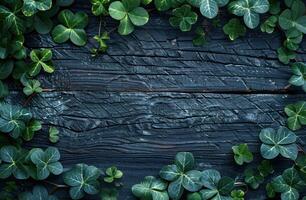 ai généré vert trèfle feuilles sur noir en bois Contexte photo