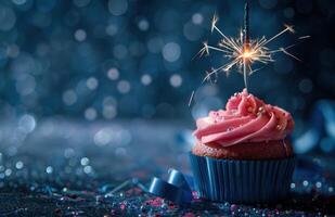 ai généré une rose petit gâteau avec bleu ruban et une cierge magique photo