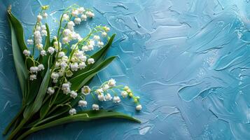 ai généré une magnifique bouquet de blanc fleurs de lys de le vallée mensonges sur le la gauche sur une bleu minimaliste pastel Contexte photo