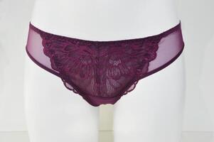 lingerie. fermer de aux femmes dentelle culotte dans foncé prune, Bourgogne Couleur sur une mannequin sur une blanc Contexte. à la mode dentelle sous-vêtement. photo