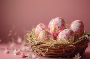 ai généré panier avec peint Pâques des œufs sur rose Contexte photo