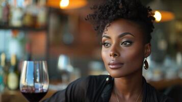 ai généré magnifique noir femme avec court cheveux en buvant café séance dans une restaurant photo