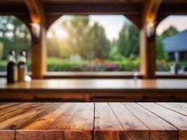 ai généré bois table Haut sur brouiller abstrait vert de jardin dans le Matin Contexte photo