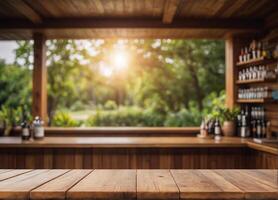 ai généré bois table Haut sur brouiller abstrait vert de jardin dans le Matin Contexte photo