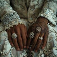 ai généré une la mariée et jeune marié avec leur mariage anneaux sur leur mains photo