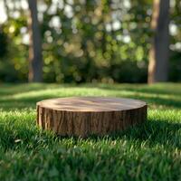 ai généré vide rond en bois podium sur vert herbe comme toile de fond, parfait pour la nature et en bonne santé produit. photo