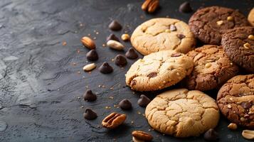 ai généré Chocolat puce biscuits sur noir arrière-plan, avec chocochips et noix comme garnir et copie espace pour des textes. photo