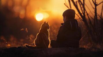 ai généré une garçon et une chat séance ensemble en train de regarder coucher de soleil, une magnifique relation amicale entre Humain et chat. photo