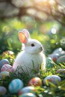 ai généré Pâques Contexte avec une blanc duveteux lapin séance dans le vert herbe photo