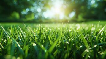 ai généré frais, vert printemps herbe se prélasser dans lumière du soleil, avec une flou ciel dans le Contexte photo