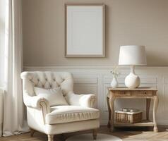 ai généré une vivant pièce avec une blanc chaise, blanc table lampe et photo Cadre